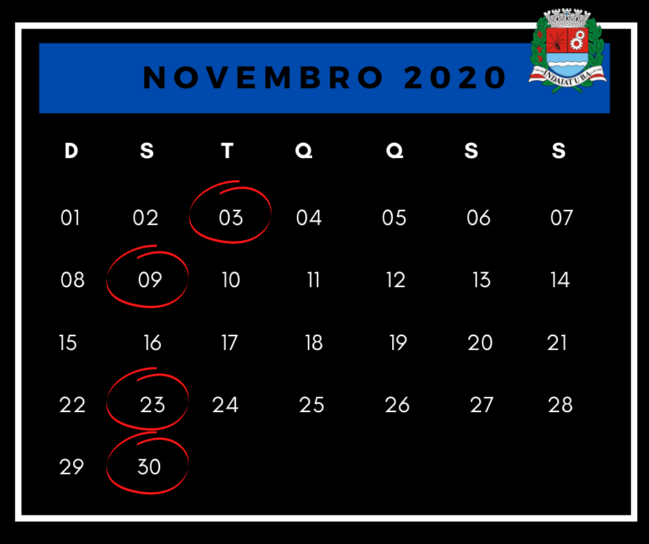 Calendário de sessões do mês de novembro