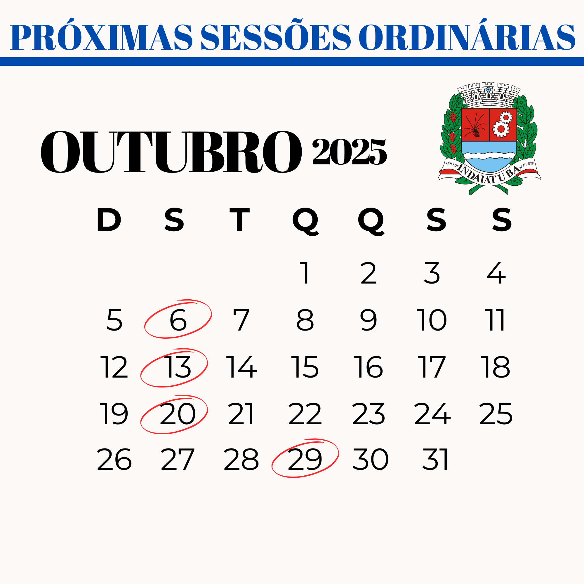 Confira o calendário das próximas sessões ordinárias da Câmara Municipal